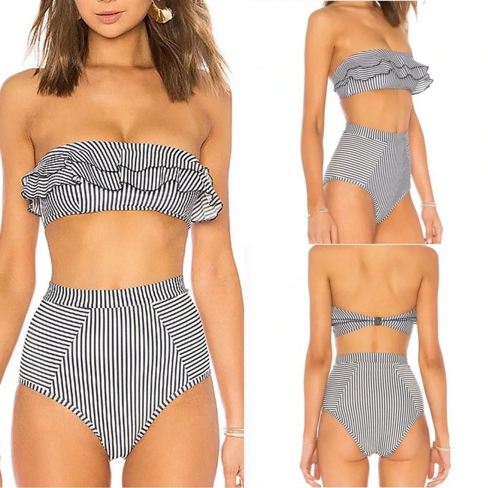 Suboo Ziggy striped ruffle bandeau swim top size small